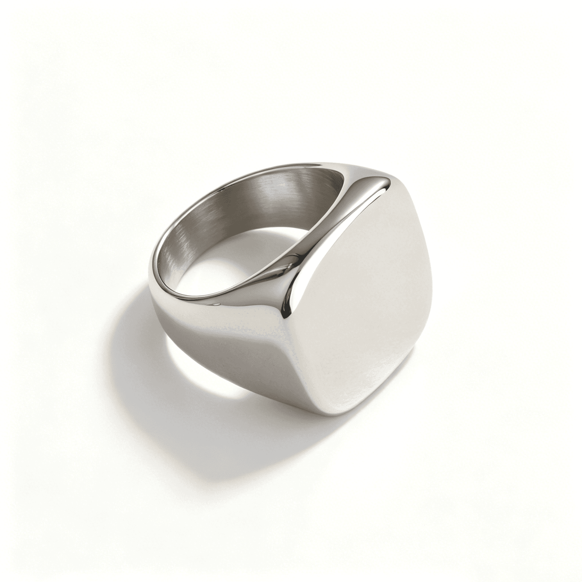 Close-up of the Ever P. 20mm large square signet ring in silver, highlighting the bold architectural silhouette.