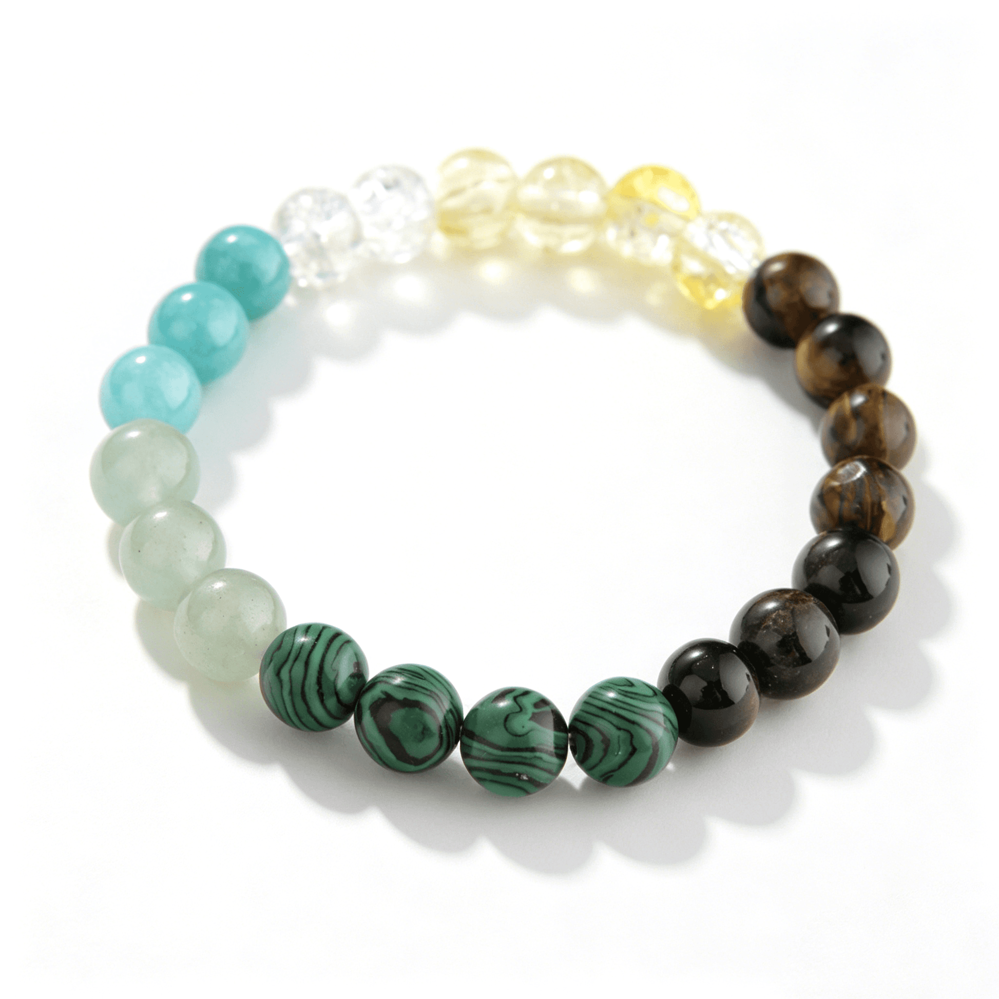 Close-up of Ever P. 6.5mm green strawberry quartz beads, highlighting the organic stone patterns in this beaded bracelet.