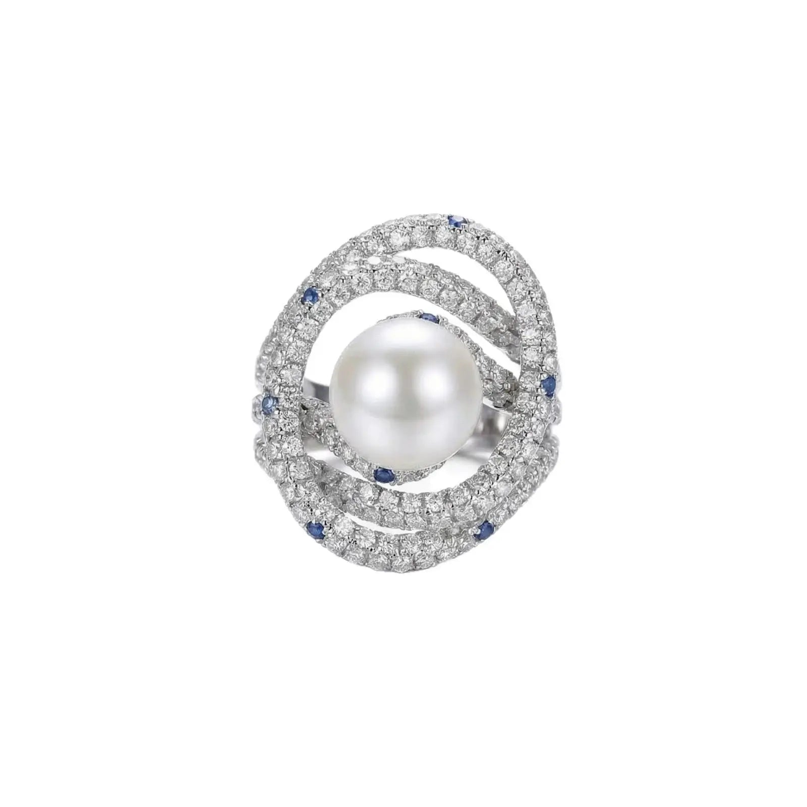 Detailed view of the multi-row crystal and pearl design on an adjustable gold ring.