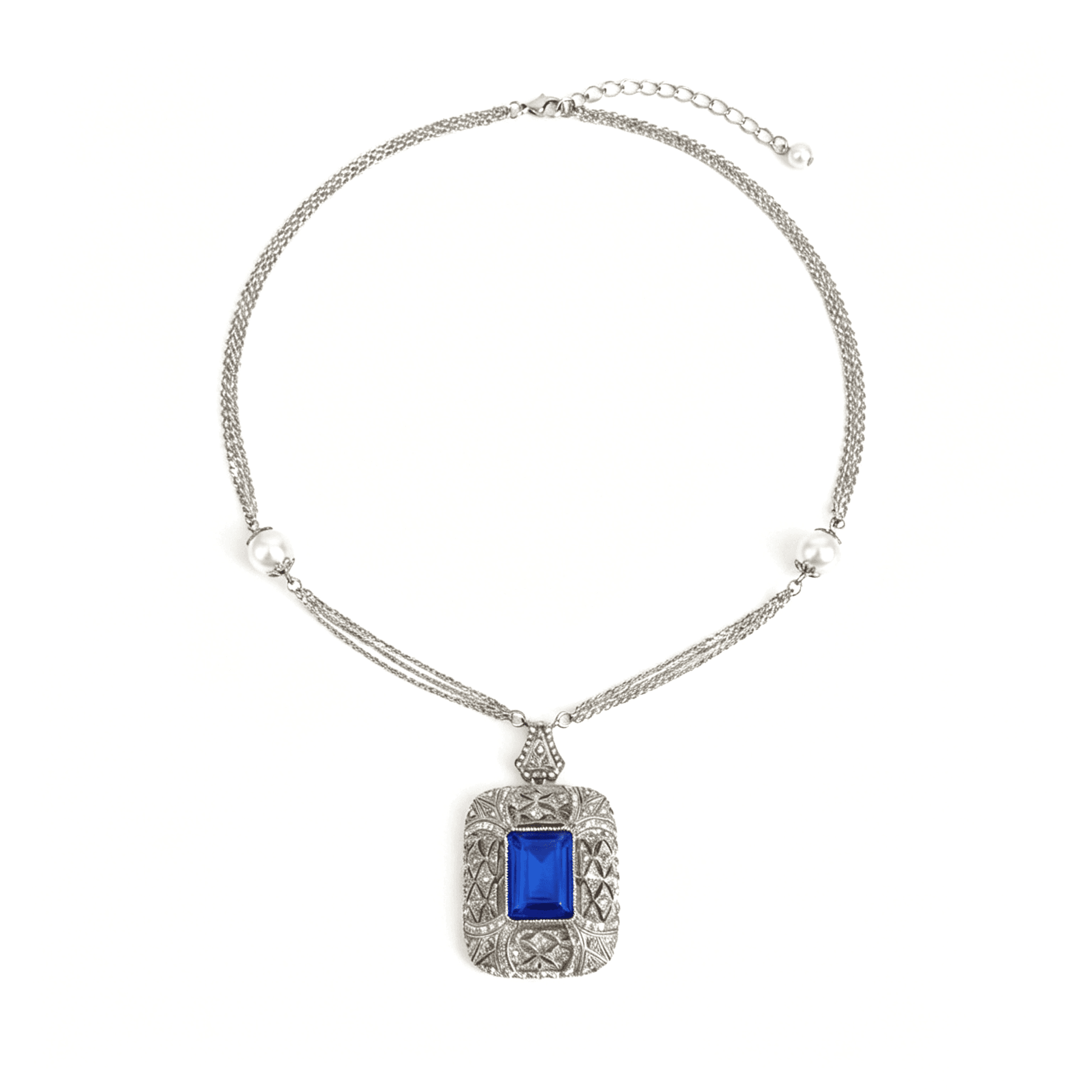 Ever P. baroque pearl necklace with a large blue sapphire pendant and gold knotted chain.