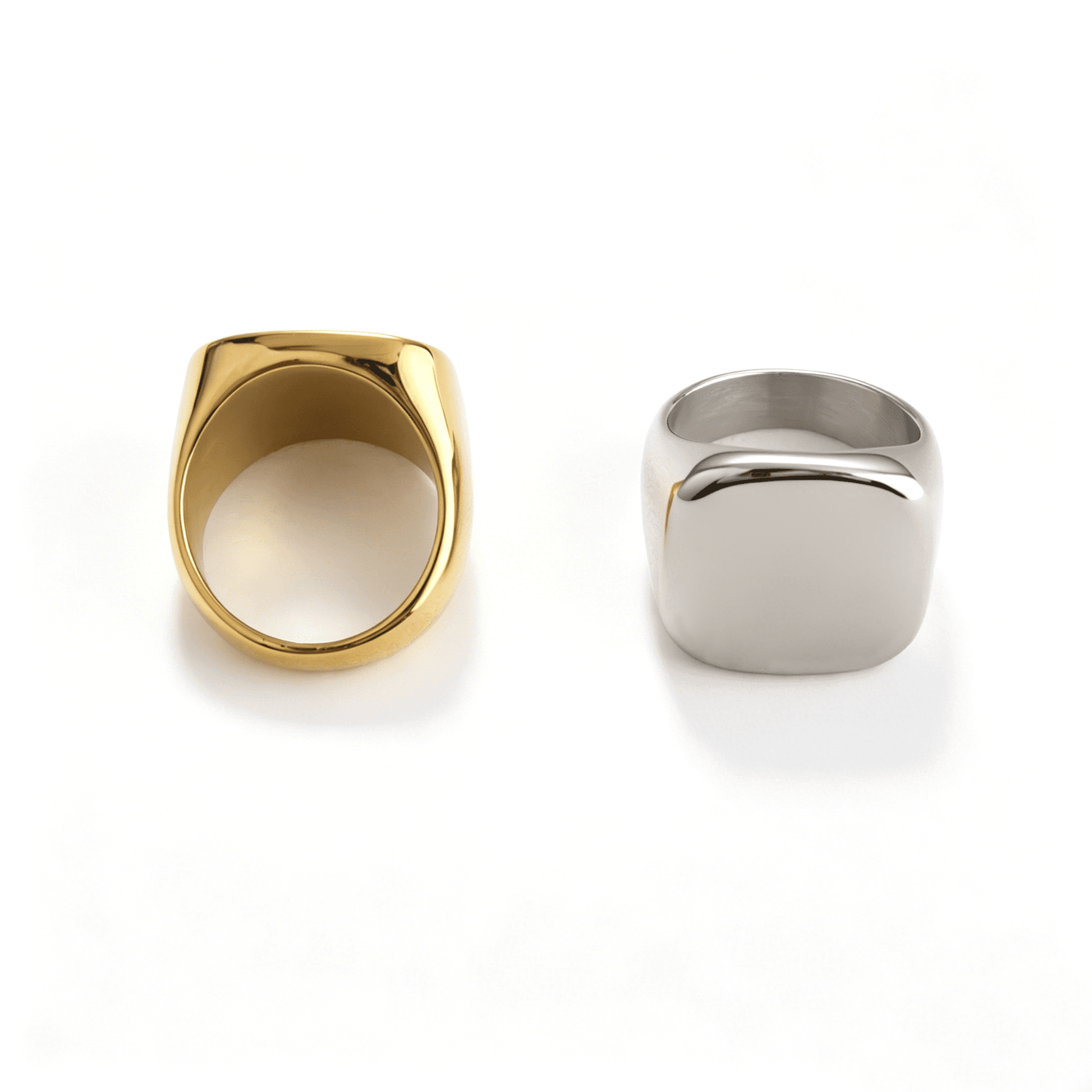 Lifestyle view of the Ever P. bold gold signet ring for women, worn as a modern statement accessory.