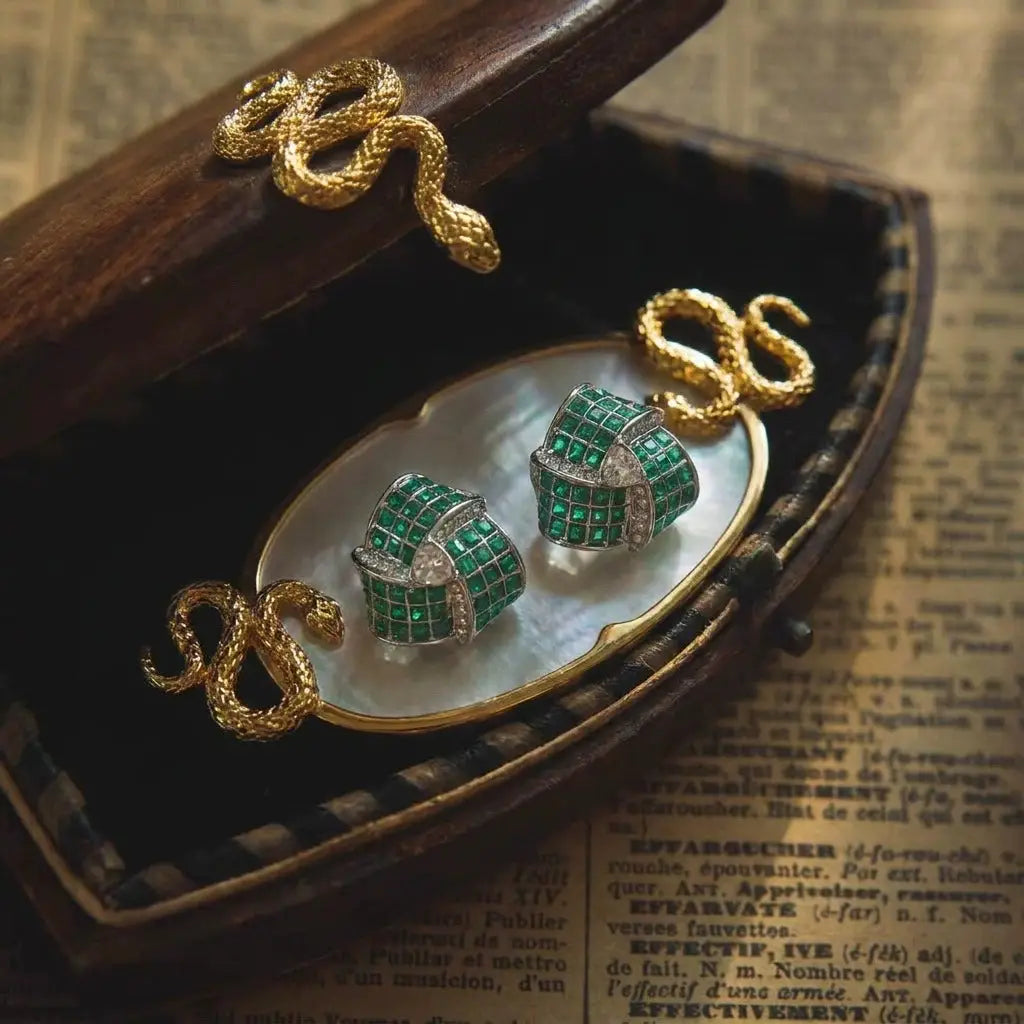 Scale and texture perspective of the Ever P. cold emerald green aesthetic studs.