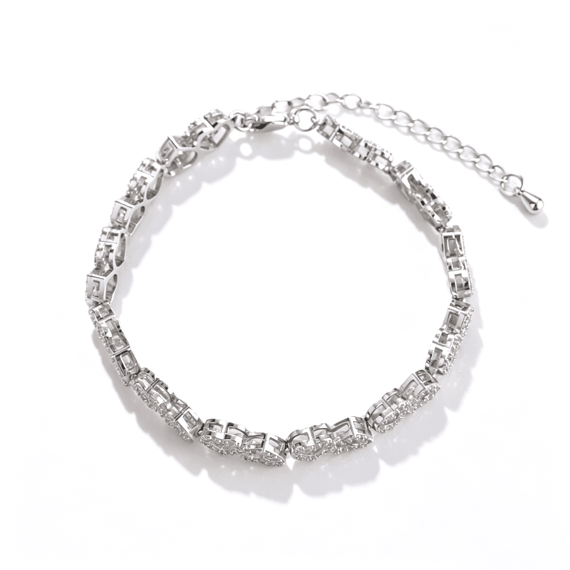 Close-up of the Ever P. double heart bracelet in a high-polish silver finish.