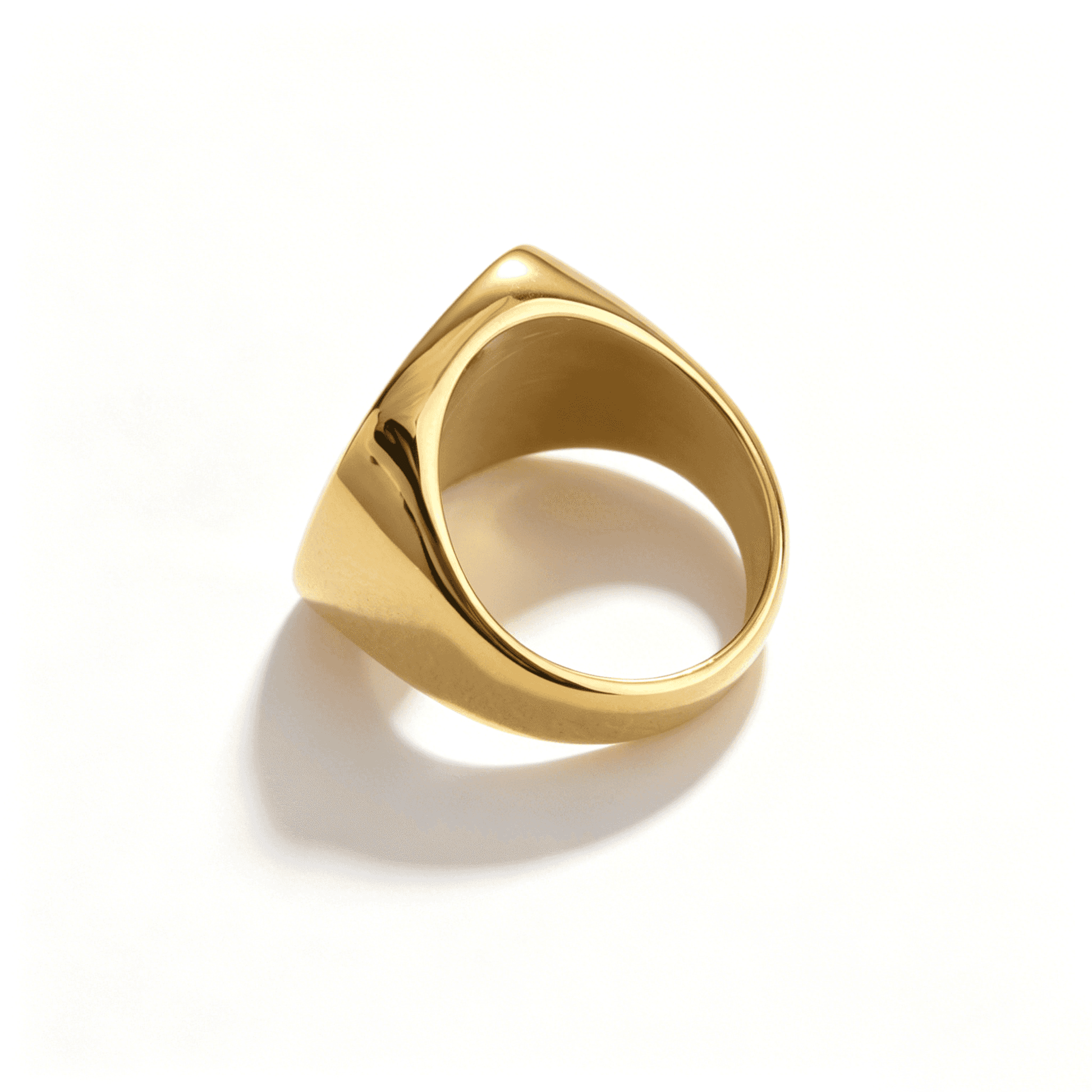 Ever P. bold gold square signet ring for men, featuring a high-polish 20mm flat face in stainless steel.