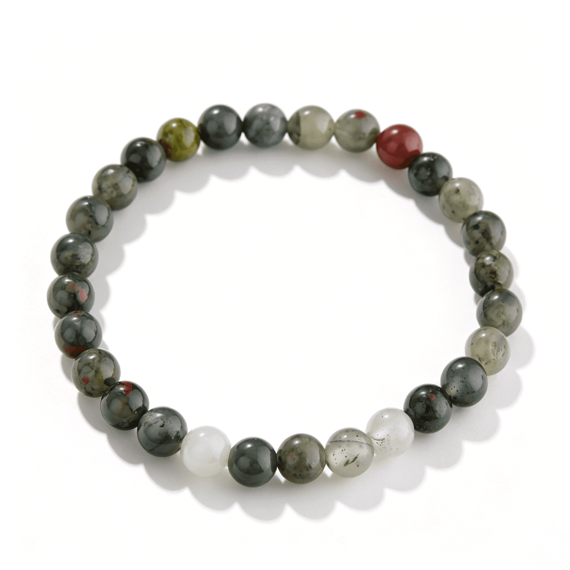 A detailed view of the handmade Indian agate crystal bracelet with earthy forest tones.