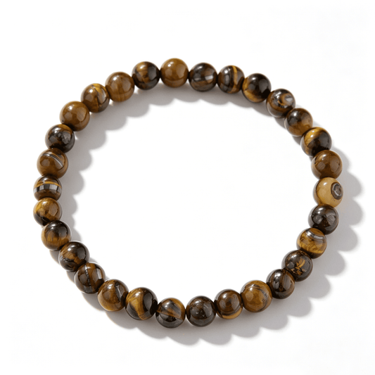 A full view of the handmade tiger eye and agate bracelet, showcasing earthy tones.