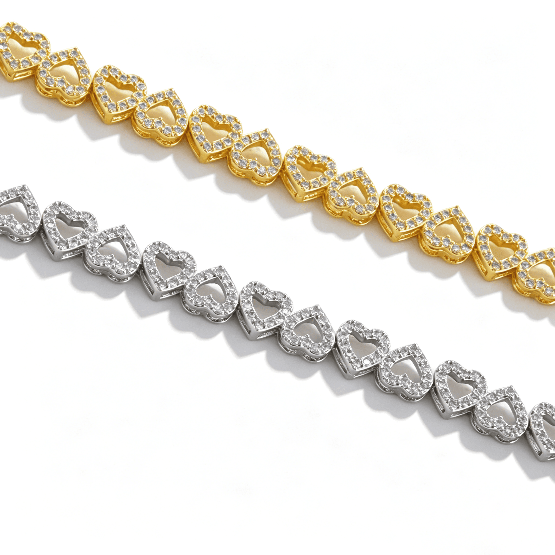 Iced out heart tennis bracelet by Ever P., showcasing the brilliant sparkle of AAA cubic zirconia.