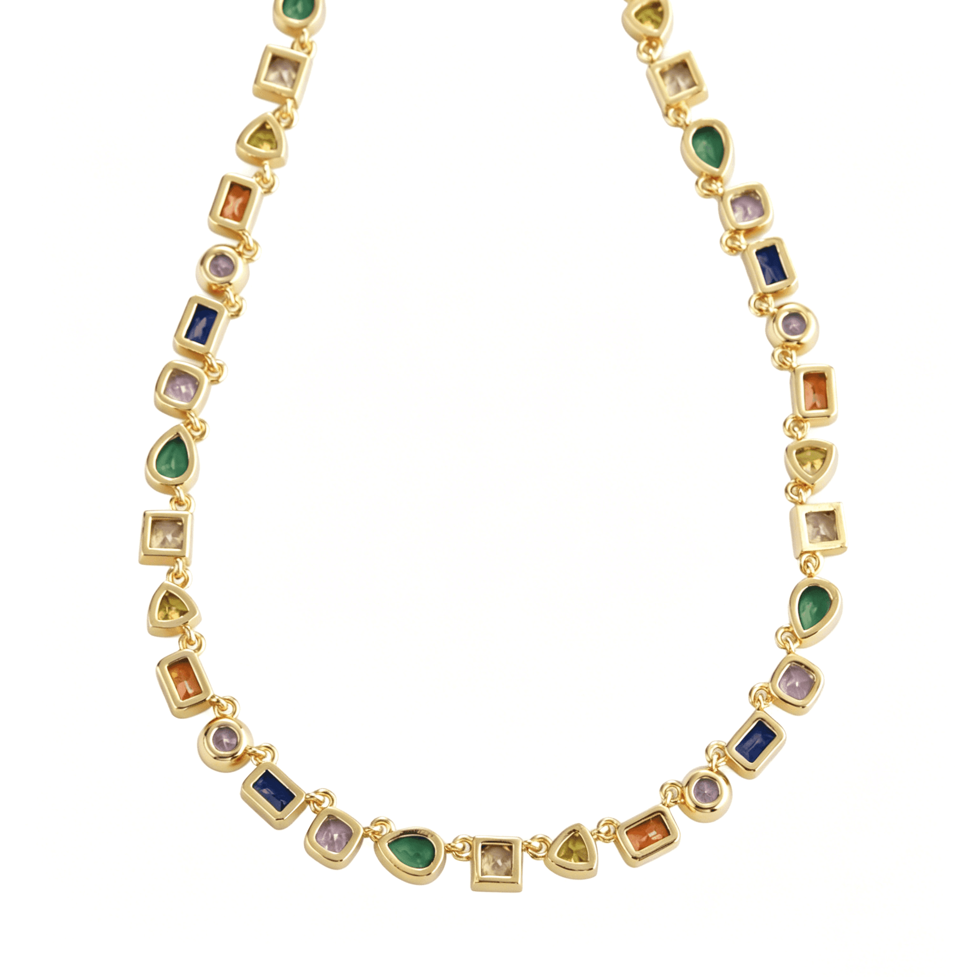 High-definition texture shot highlighting the molten metallic finish and brilliant cubic zirconia necklace facets.