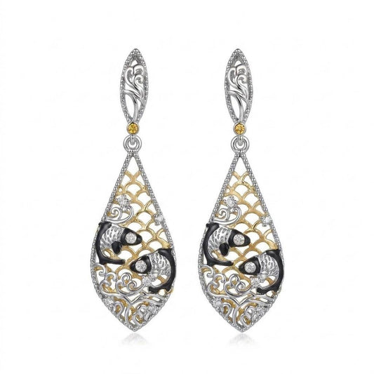 Ever P. Koi fish filigree earrings in a gold teardrop drop silhouette.