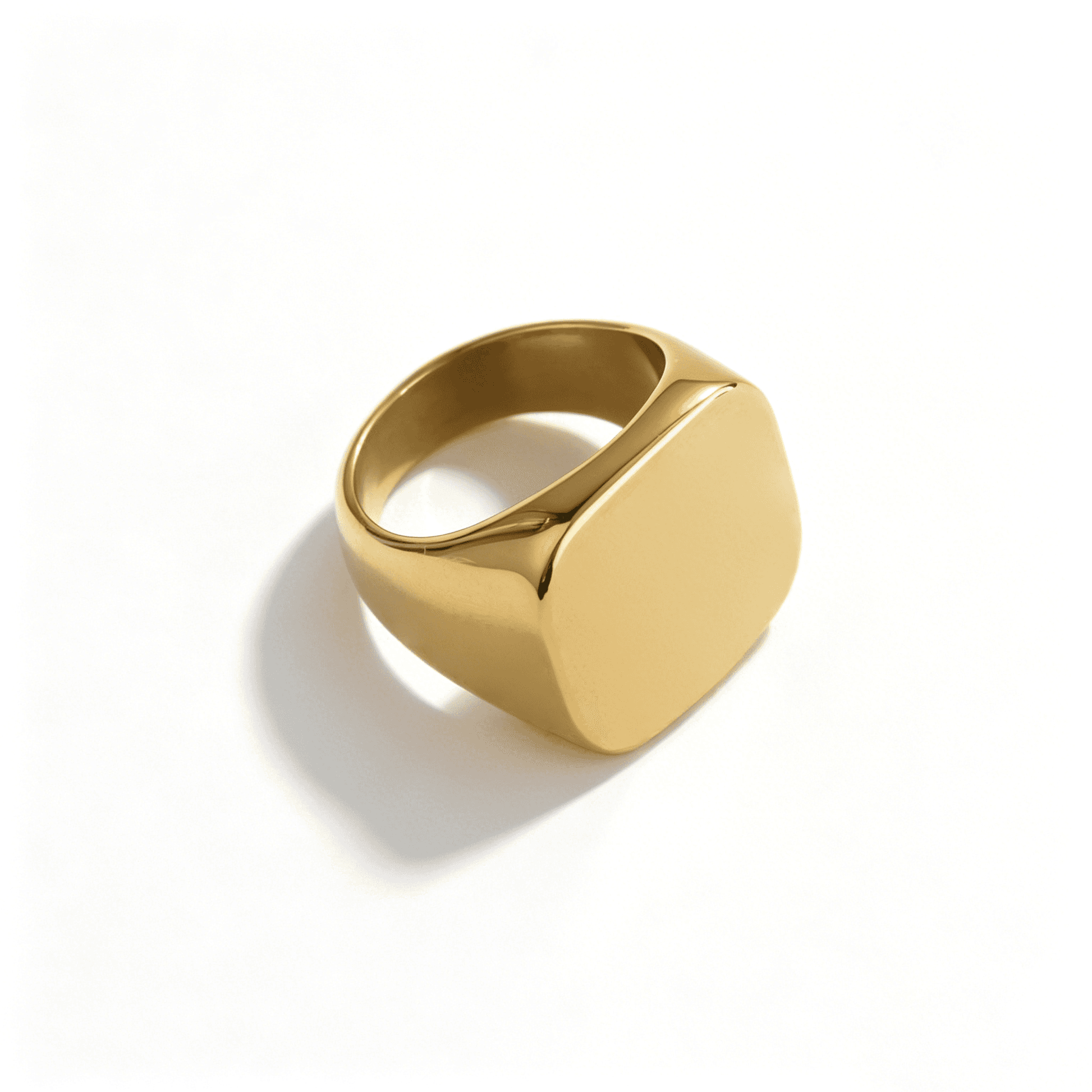 Ever P. large gold signet ring for women, showcasing a modern minimalist aesthetic and oversized silhouette.