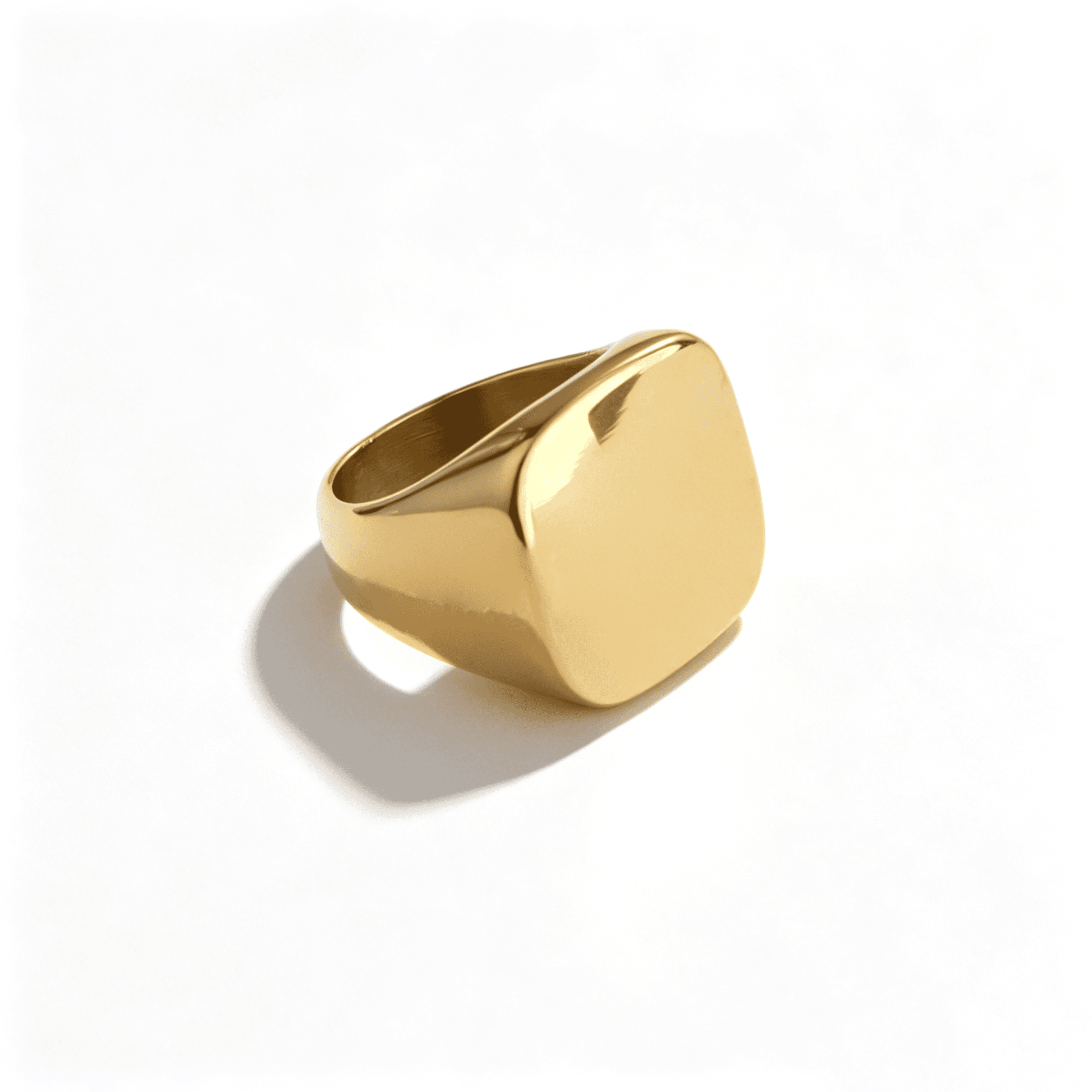 The complete Ever P. large square signet ring collection, featuring both gold and silver high-polish finishes.