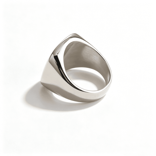 Ever P. large 20mm gold square signet ring made of durable, tarnish-free stainless steel.