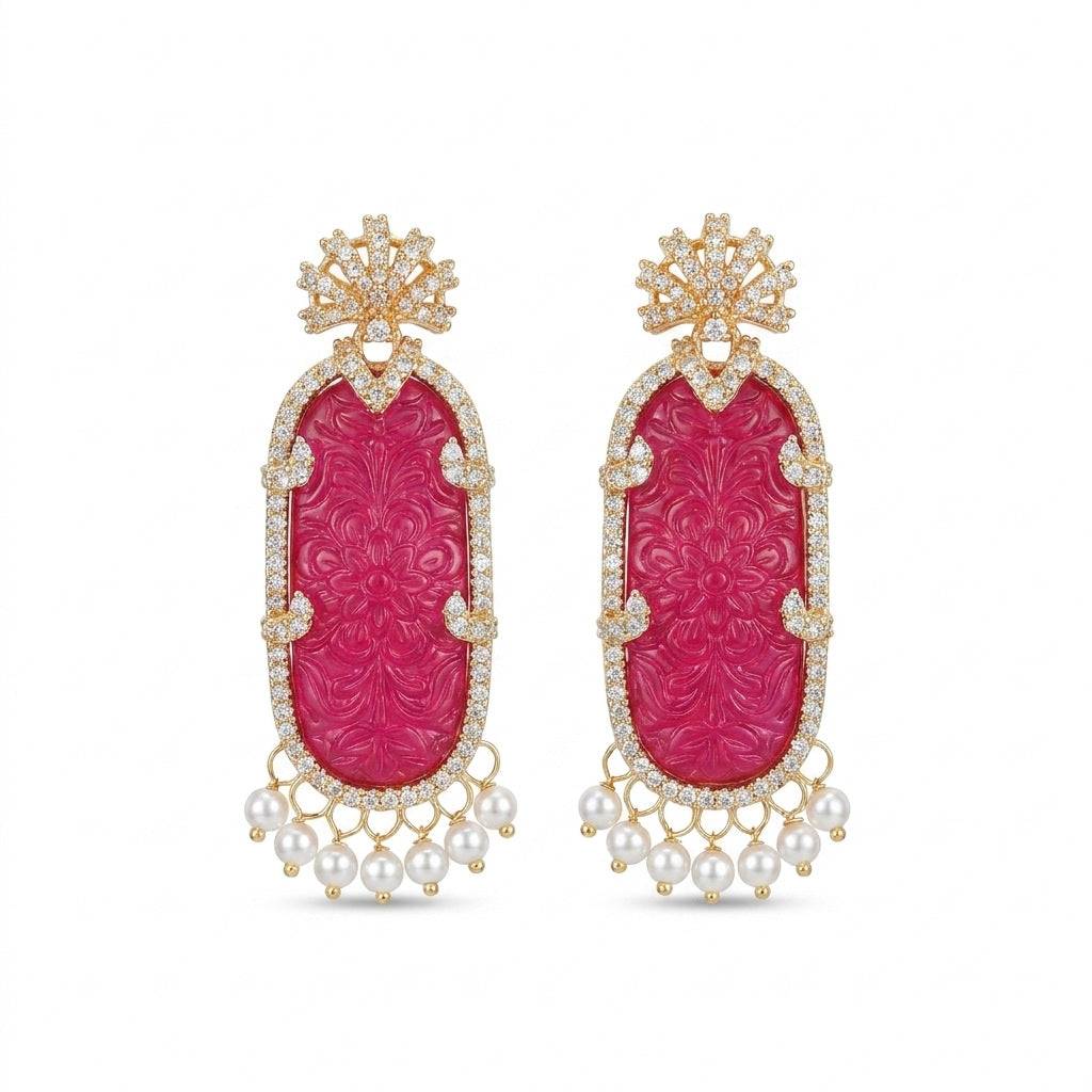 Ever P. Art Deco drop earrings with magenta stones and gold tassel fringe.