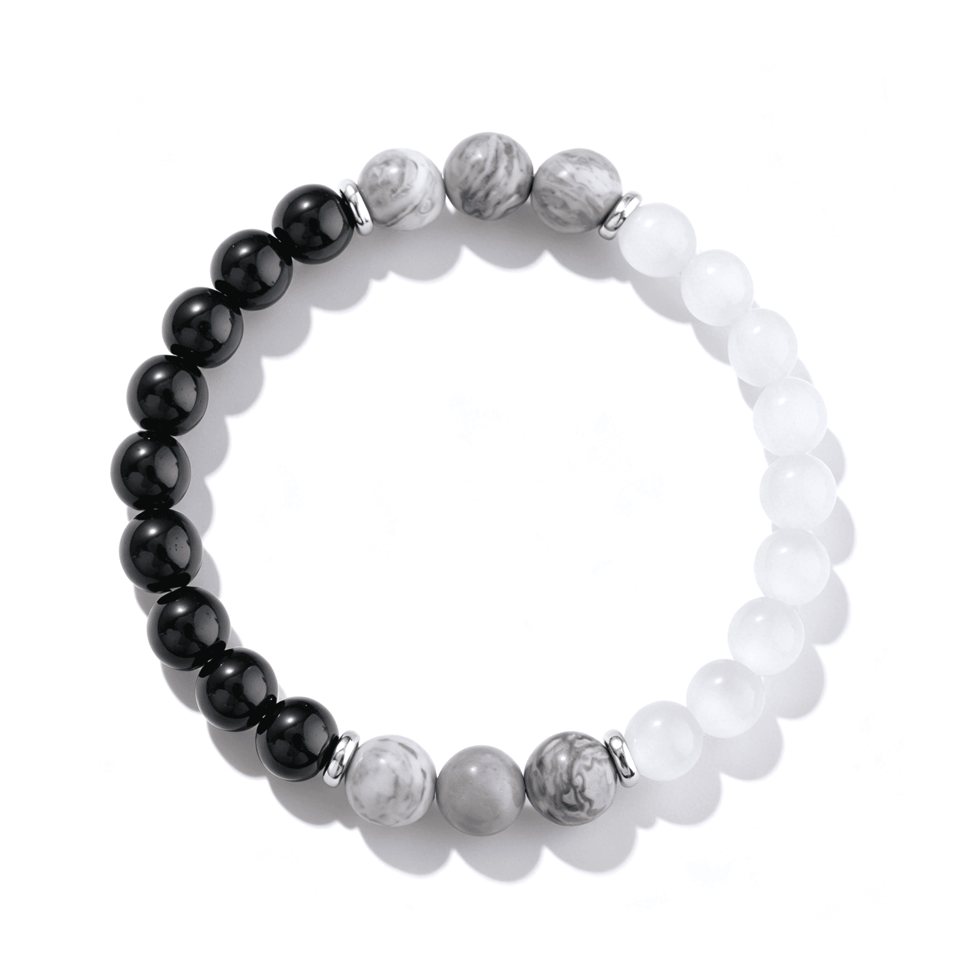 Floating perspective view of the Ever P. monochrome bracelet, highlighting the balanced distribution of black, grey marble, and white beads.