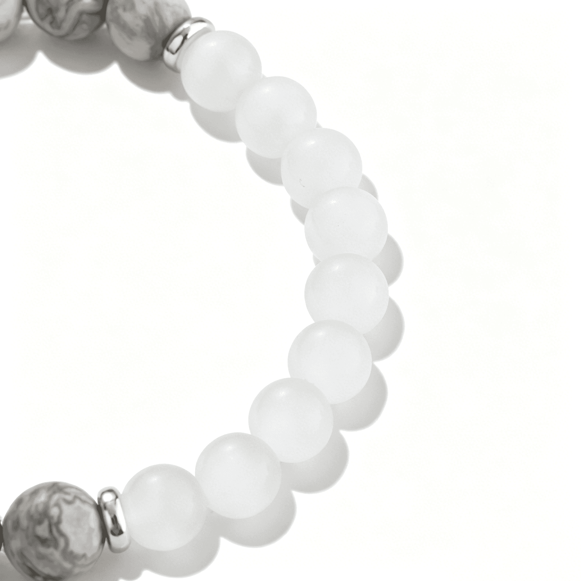 Detail shot focusing on translucent frosted white agate gemstone beads within an Ever P. monochrome bracelet.