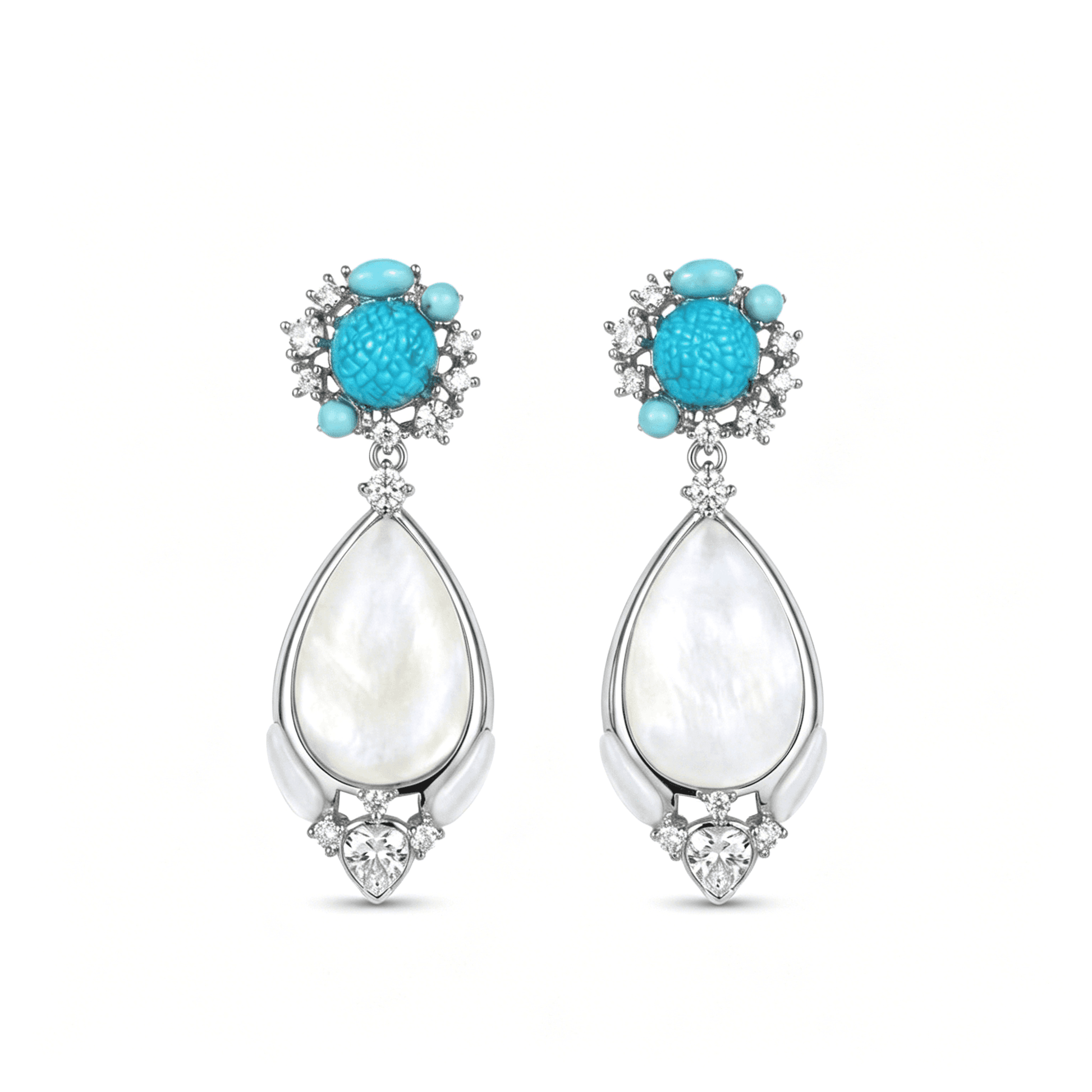 Ever P. mother of pearl drop earrings in a vintage-inspired 18K gold frame.