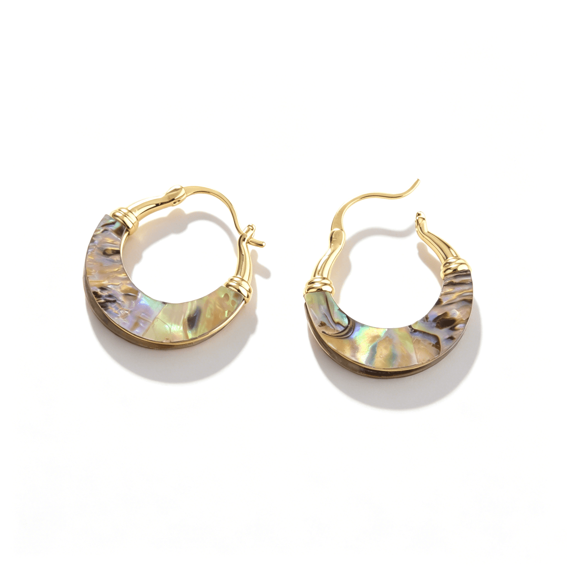 Ever P. natural shell gold hoop earrings, featuring iridescent mother of pearl inlays in a vintage 2.1cm design.
