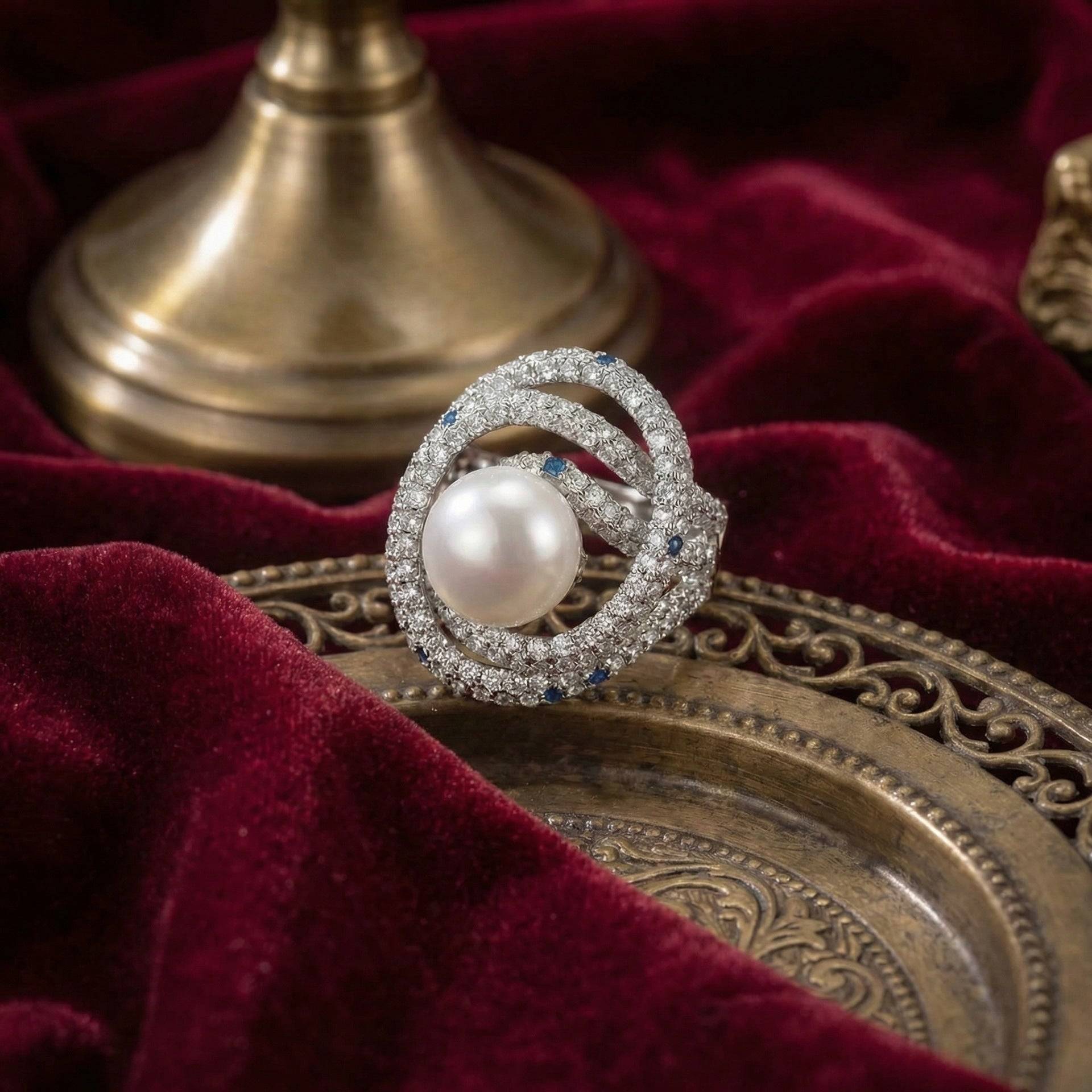 Side perspective of the Ever P. niche design pearl ring showcasing the architectural layers.