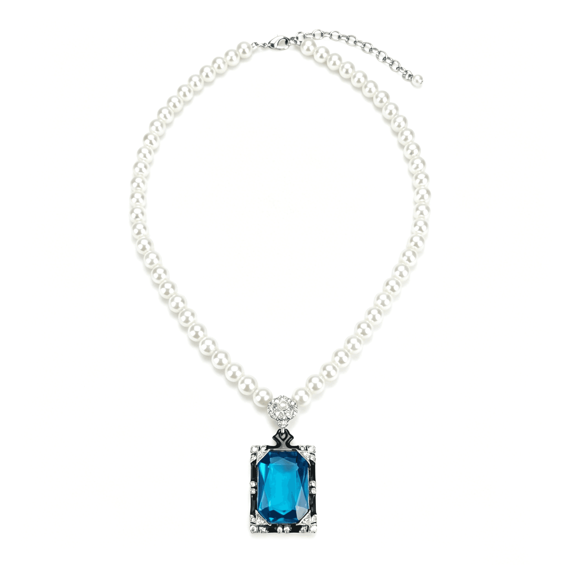 Ever P. pearl necklace with a blue emerald-cut pendant on a gold snake chain.