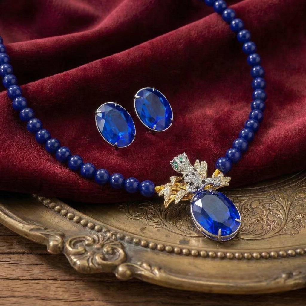 Full set view of the royal blue aesthetic necklace and earring set by Ever P.