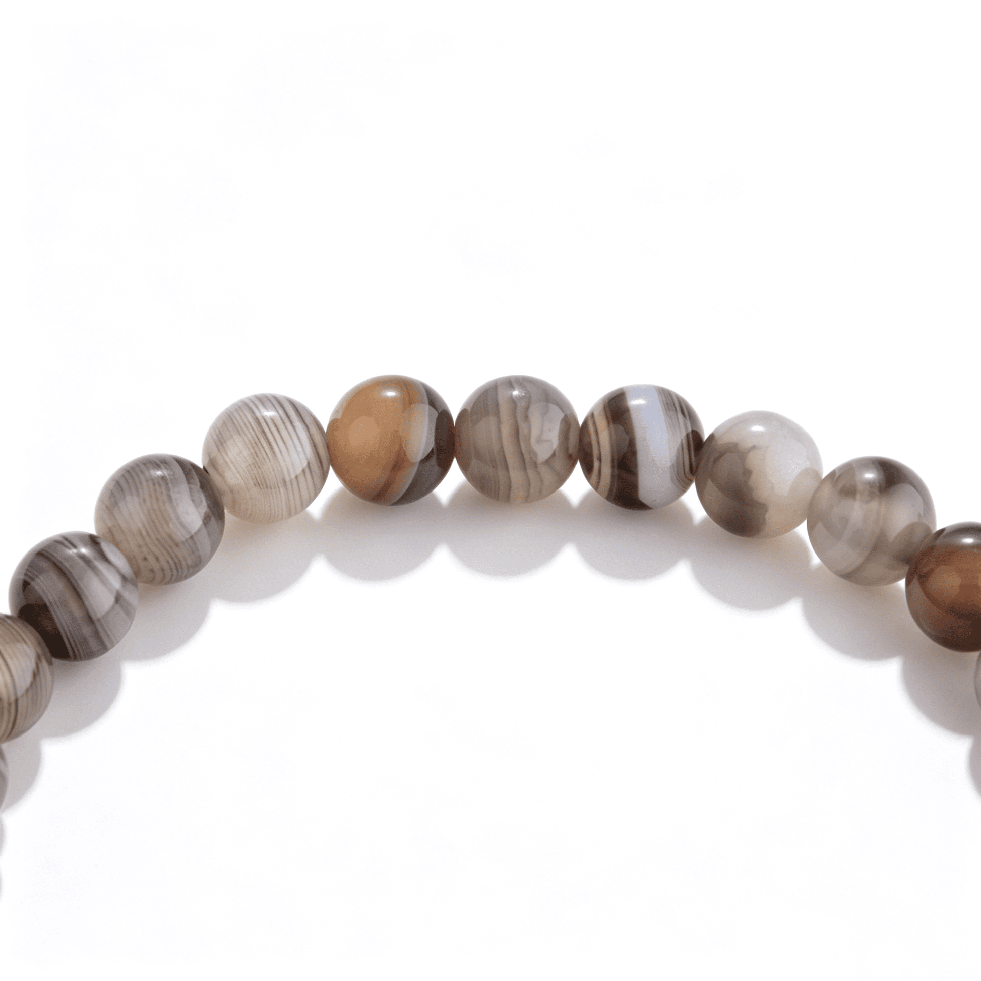 Close-up of Ever P. Smoky Vein agate bracelet showing detailed silk-banded patterns.