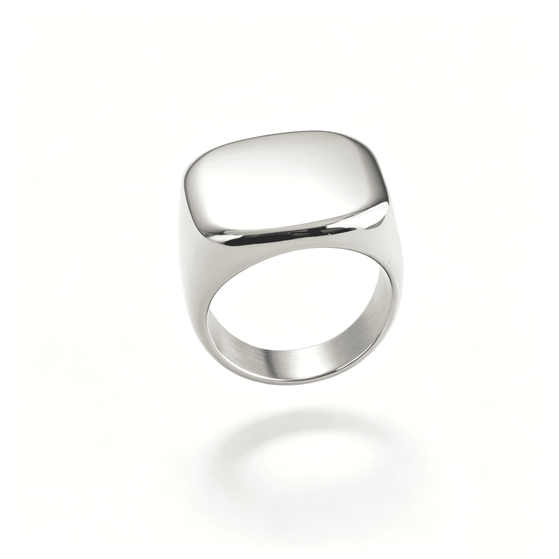 Lifestyle view of the Ever P. square signet ring in gold, a perfect tarnish-free statement piece for daily wear.