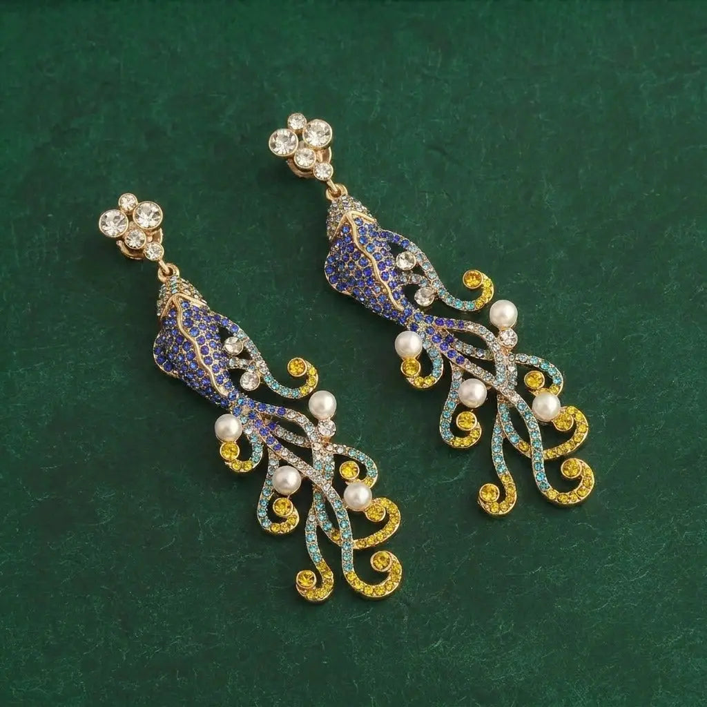 High-definition scale view of the luxury statement earrings with full rhinestone encrusting.