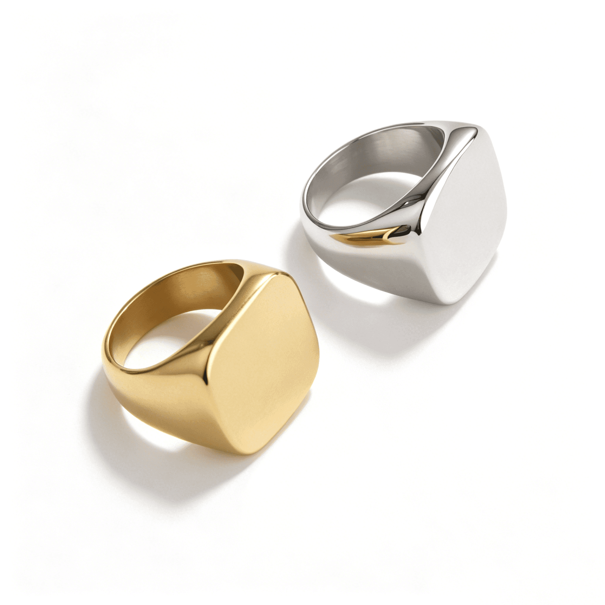 Ever P. unisex silver band rings in a square signet style, showcasing the smooth, light-reflecting surface.