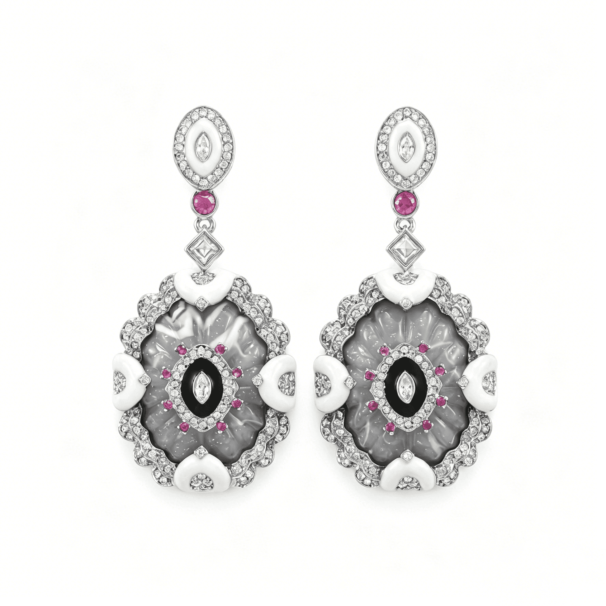 Ever P. Victorian style earrings with intricate gold carvings and colorful gemstones.
