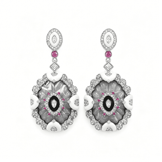Ever P. Victorian style earrings with intricate gold carvings and colorful gemstones.