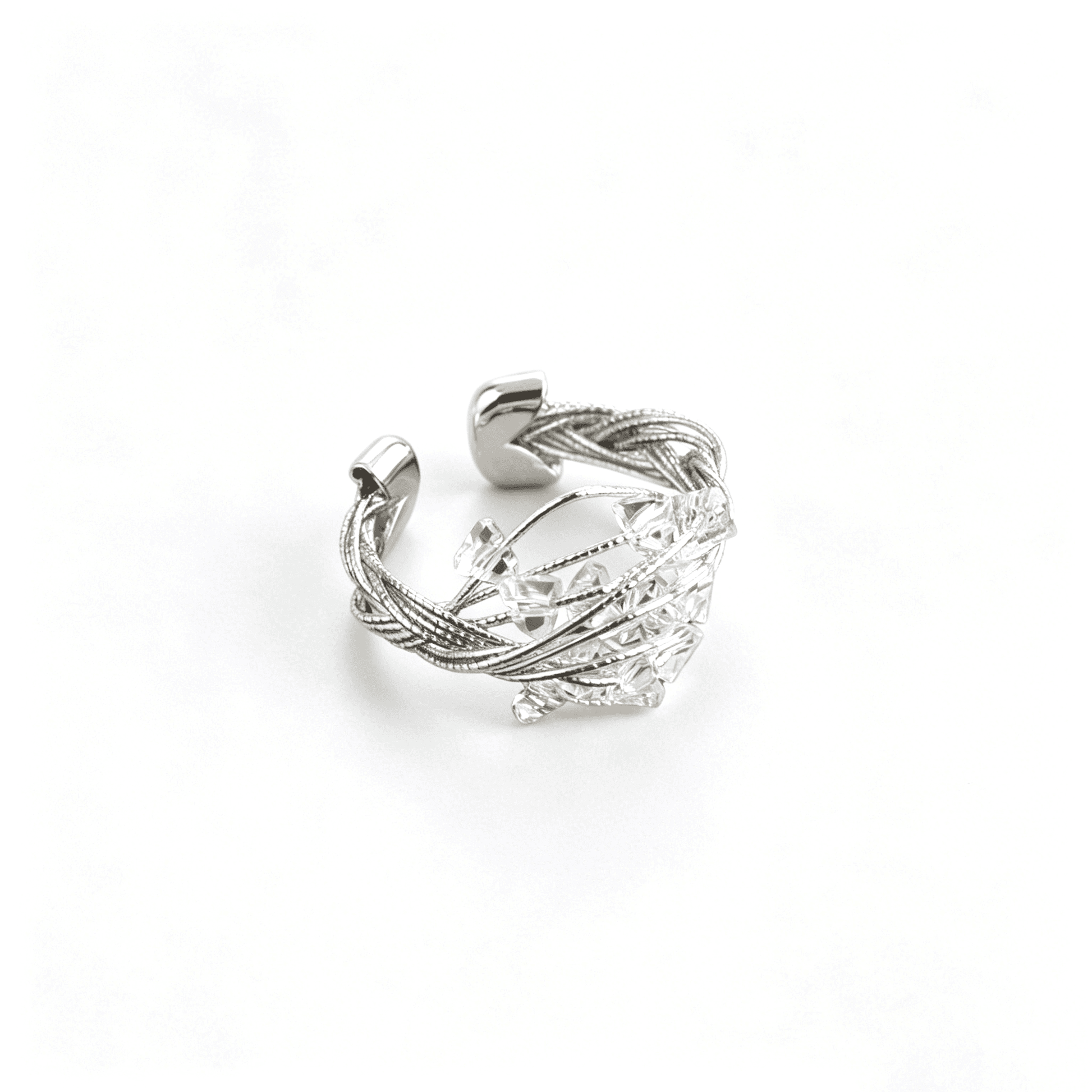 Front view of Ever P. vintage rings featuring the fluid twisted ring design with crystal accents.