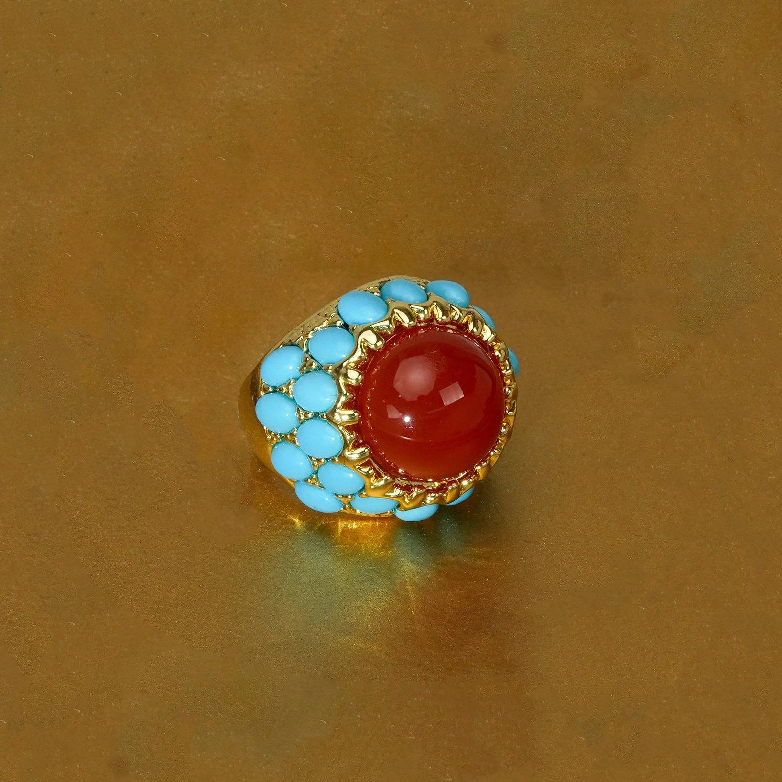 Close-up texture shot of the engraved 18k gold plated adjustable ring, ideal for vintage boho style stacking.