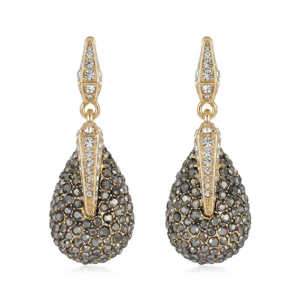 Ever P. vintage gold teardrop stud earrings with a full crystal pave design.