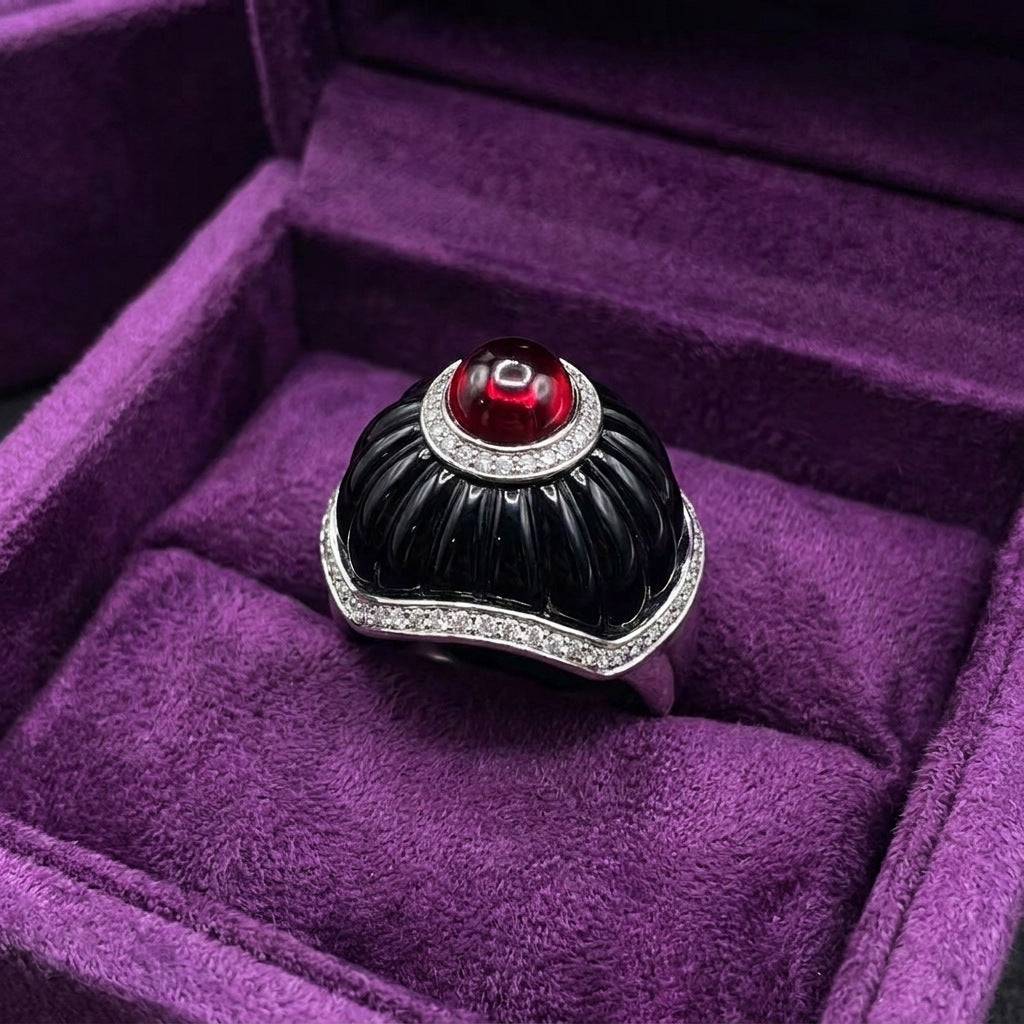 Elegant studio product display of the three color variants of vintage rings, perfect as a bold fashion jewelry gift for her.