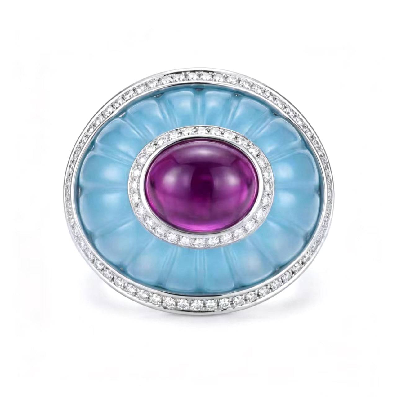 Front view of the vintage ribbed cocktail ring featuring a bold burnt orange gemstone with a fluted dome design on a heavy gold band.