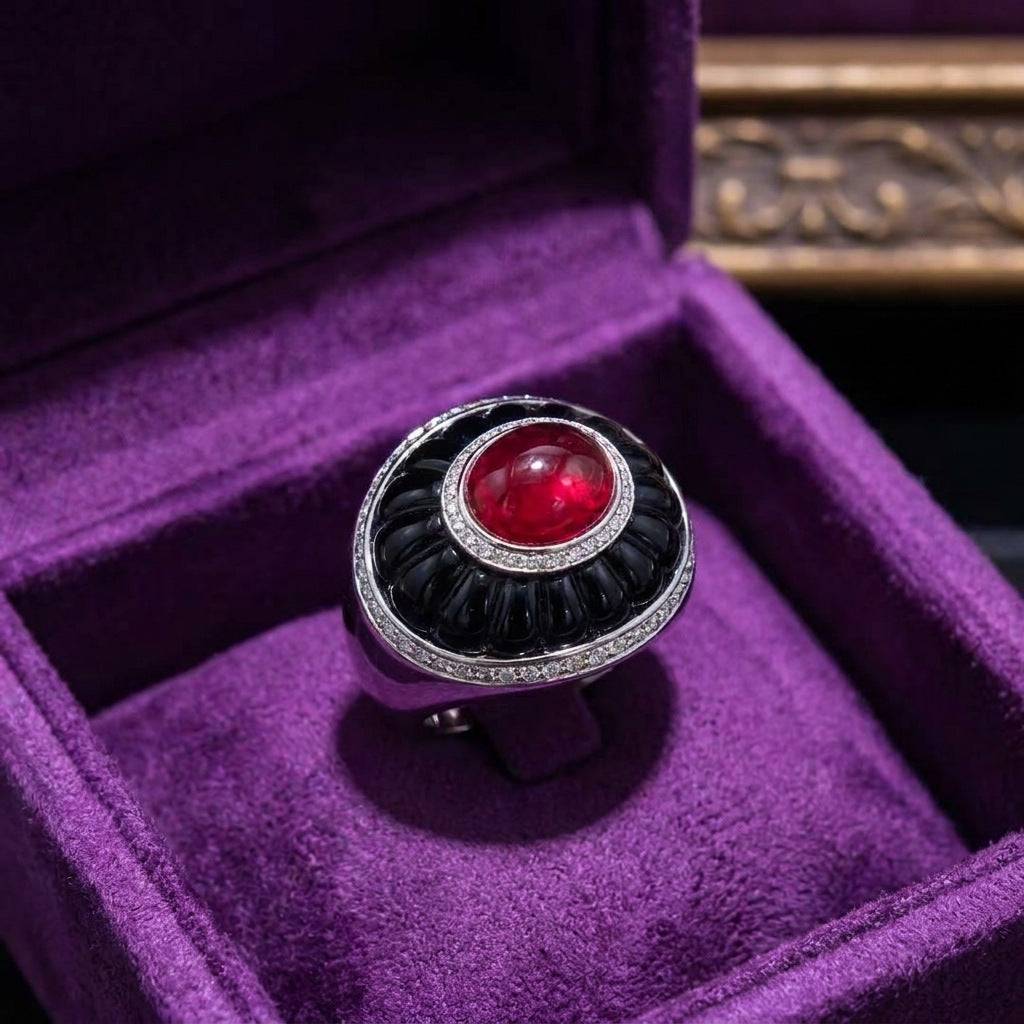 Close-up of the cobalt blue gemstone version of the chunky ribbed cocktail ring, highlighting the 18K gold electroplating texture.
