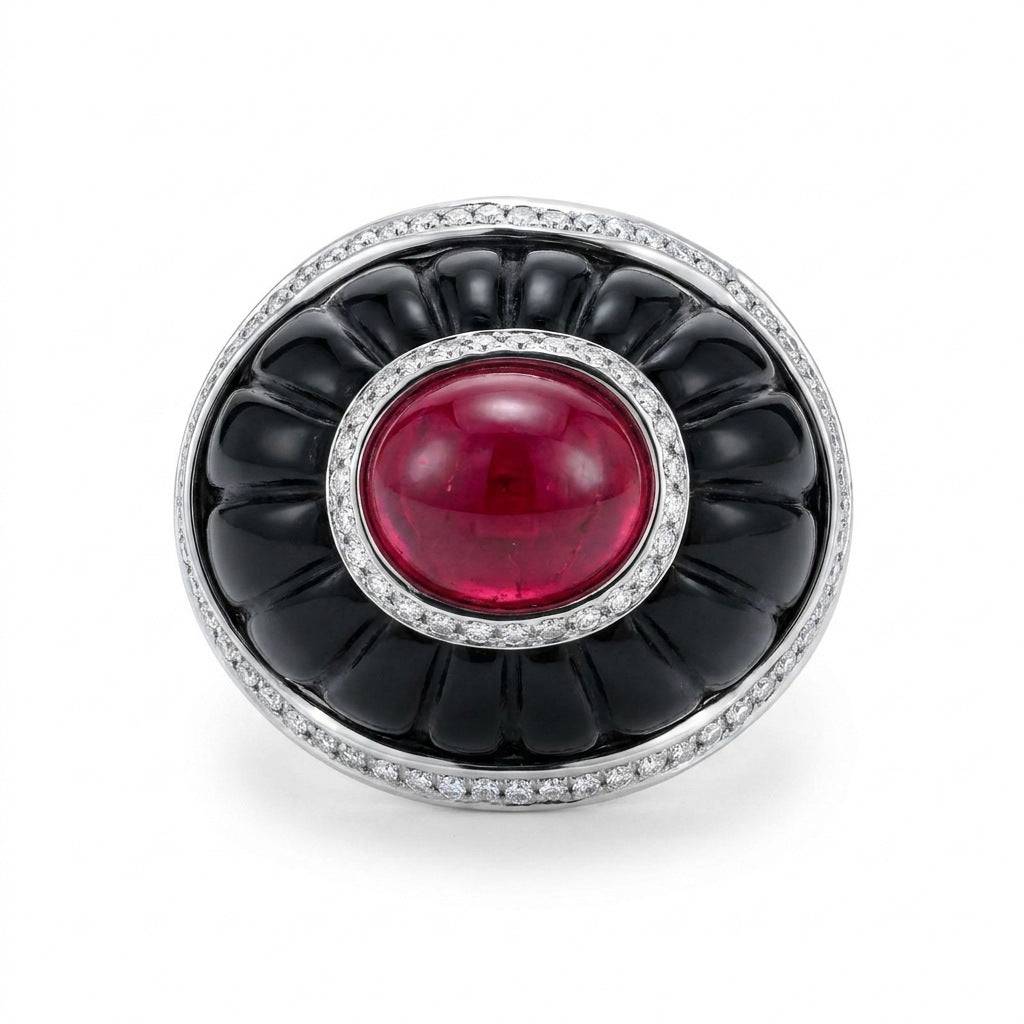 High-definition close-up of the fluted texture on the candy-colored gemstone, illustrating the retro cocktail ring craftsmanship.