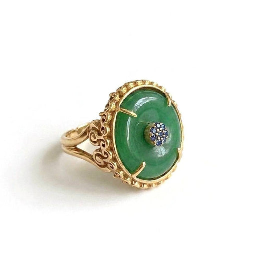 Ever P. vintage style gold ring with a green stone Ping'an Kou centerpiece.