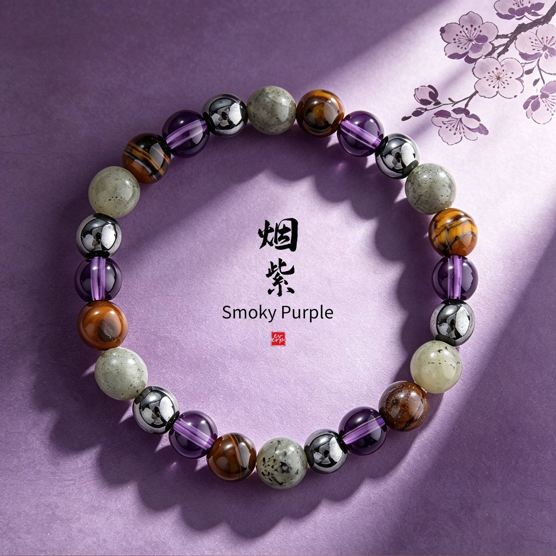 Lifestyle view of the Ever P. violet strawberry quartz beaded bracelet, showcasing its elegant fit as a daily healing accessory.