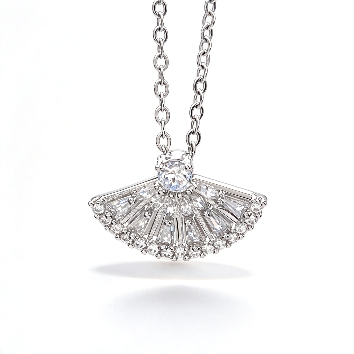 Fan pendant necklace with a radiating design and clear decorative accents on a white background.