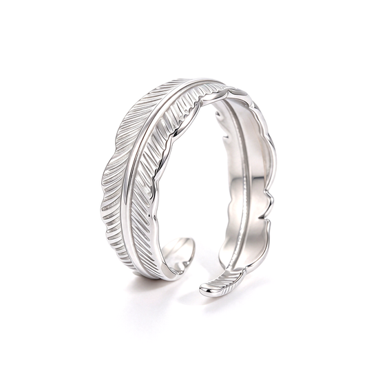 Feather leaf open band statement ring in silver tone with engraved feather details.