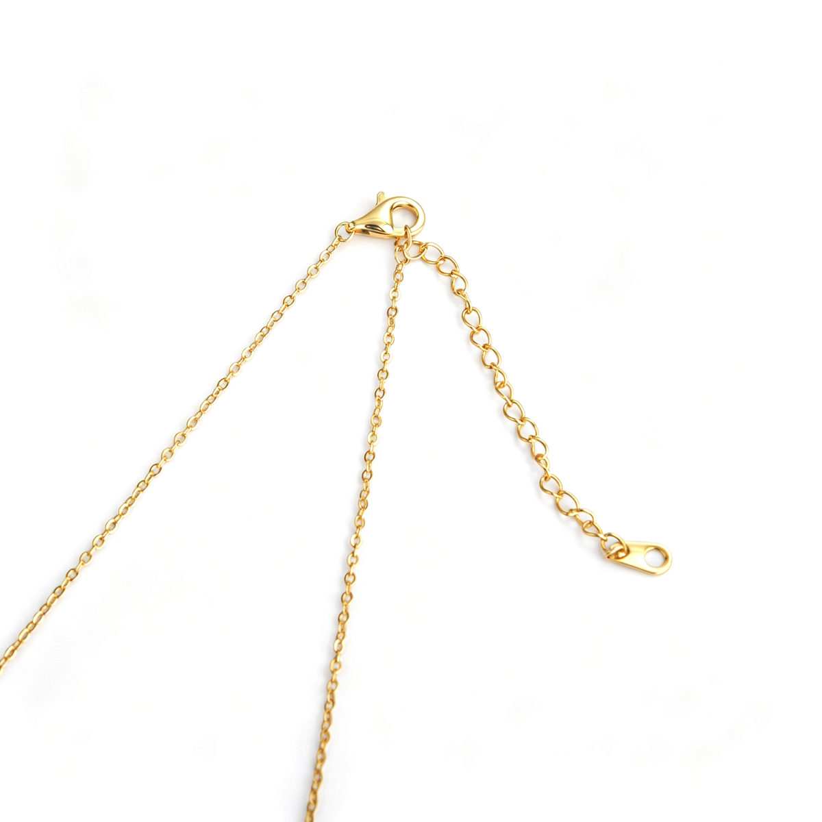 Close-up view of gold-tone lobster clasp, extender chain, and metal logo tag.
