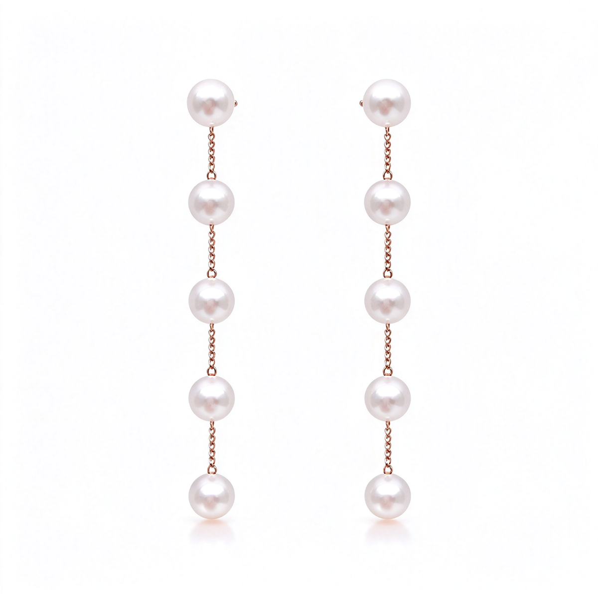 Five-pearl drop earrings arranged as a matching pair on a white background