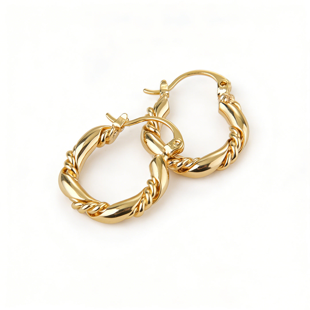 French style twist gold hoop earrings featuring a unique textured rope design.