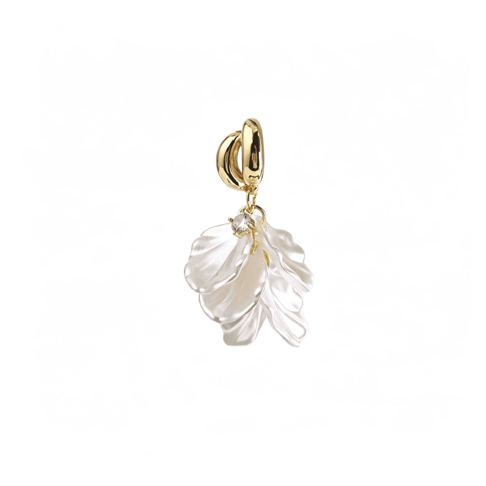 Side angle profile of the cascading iridescent flower petal charm attached to polished gold-plated double hoop earrings.