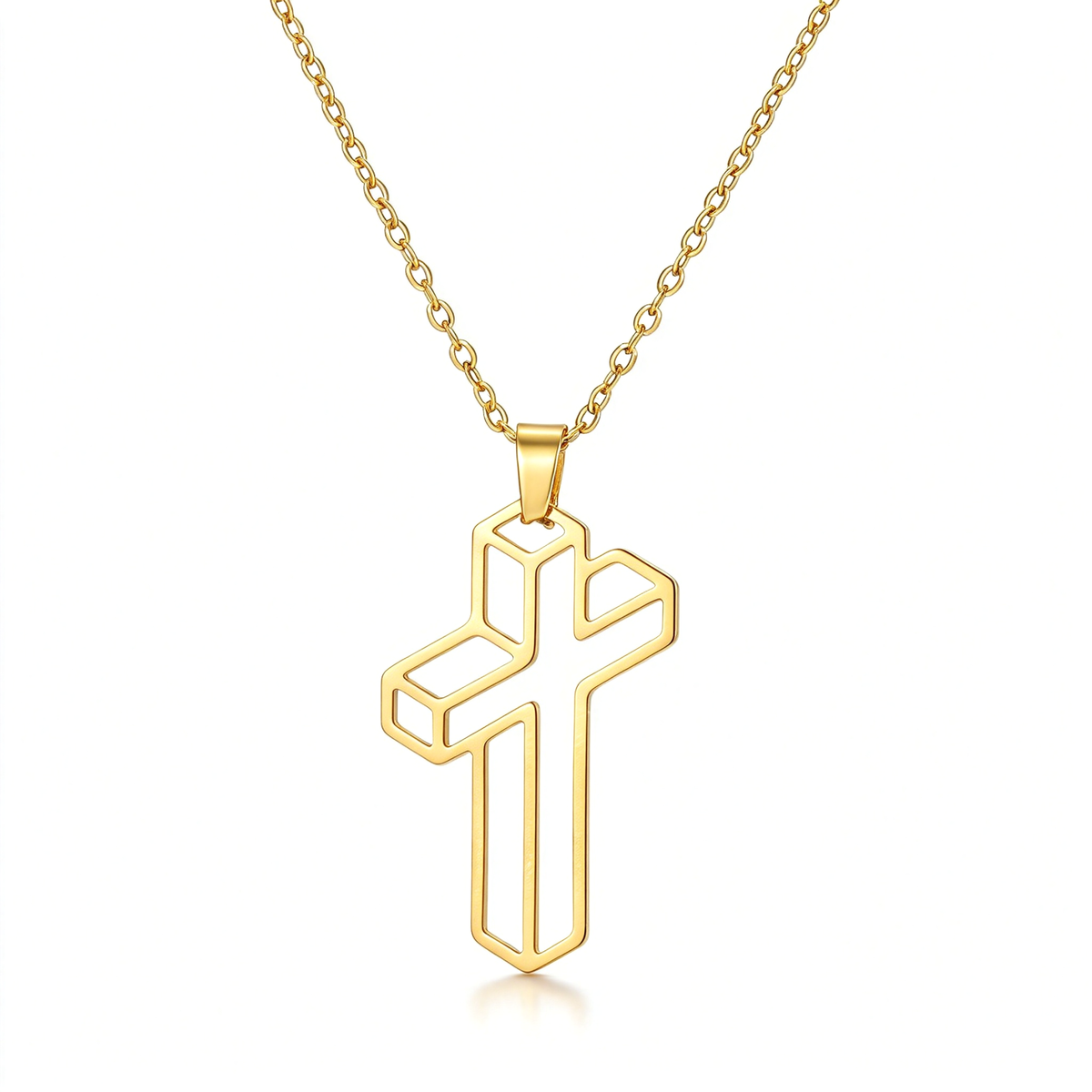 Geometric cross pendant necklace displayed against a clean white background.