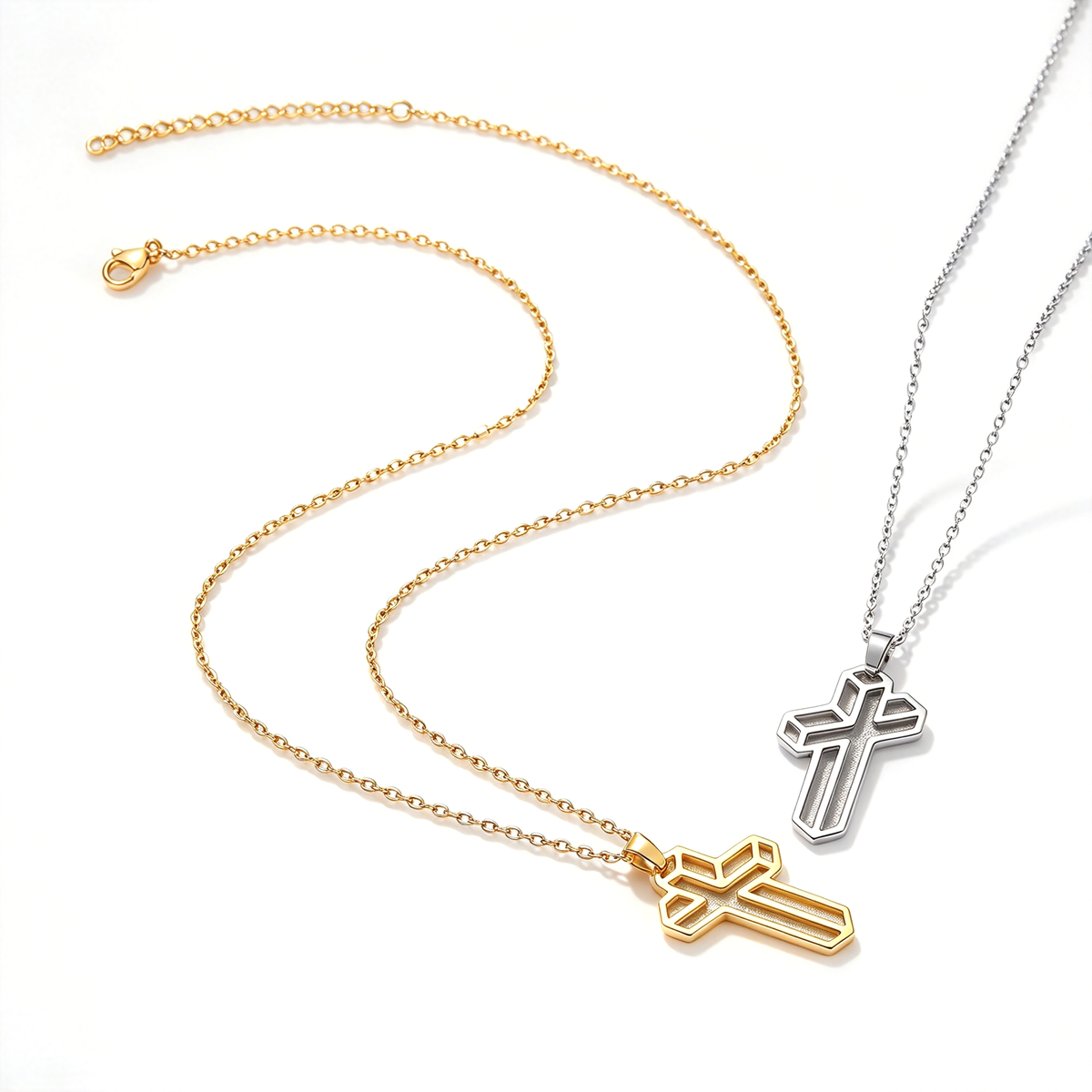 Gold-tone and silver-tone cross necklaces arranged diagonally to show the chains, clasps, and pendant designs.