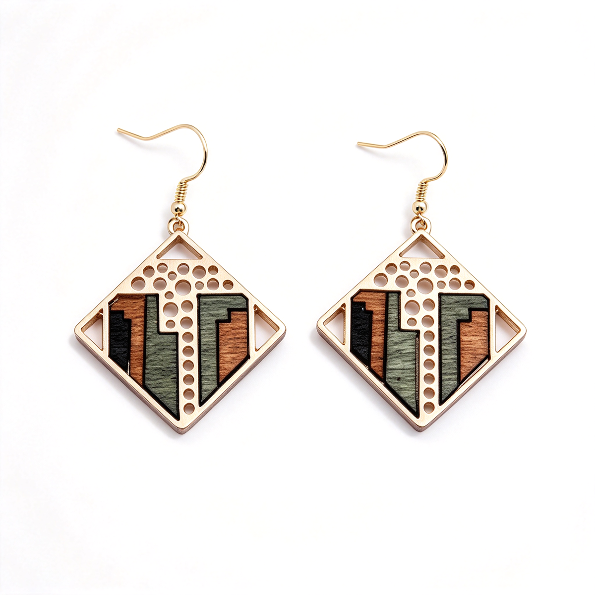 Diamond-shaped geometric earrings with patterned brown and orange panels and gold-tone outlines.