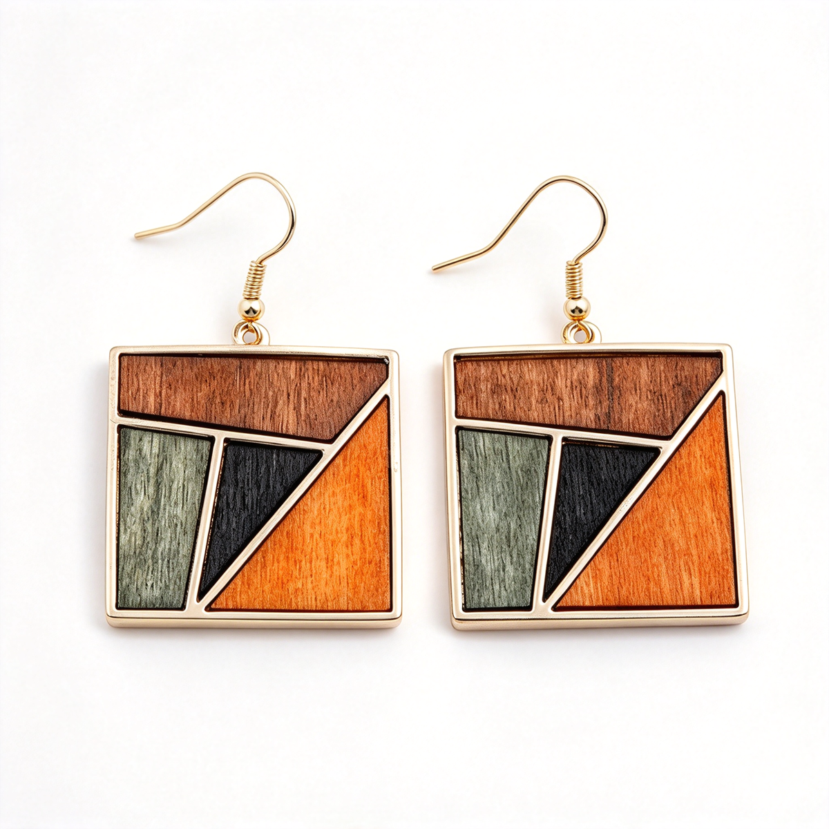 Square drop earrings featuring contrasting brown and orange geometric color blocks.