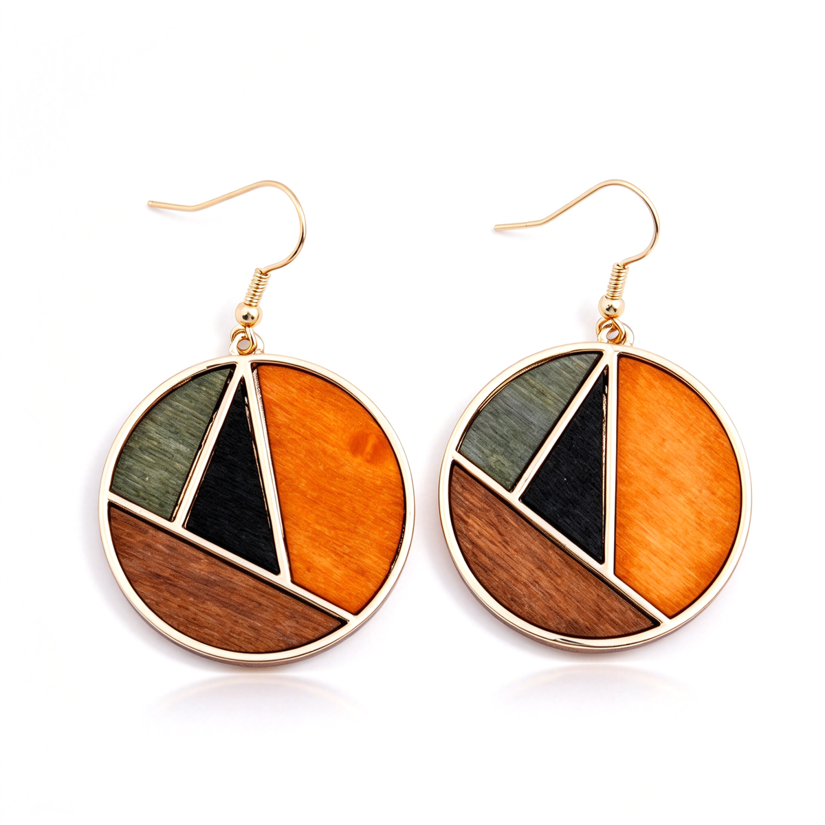 Circular drop earrings with divided orange, brown, and muted green color sections.